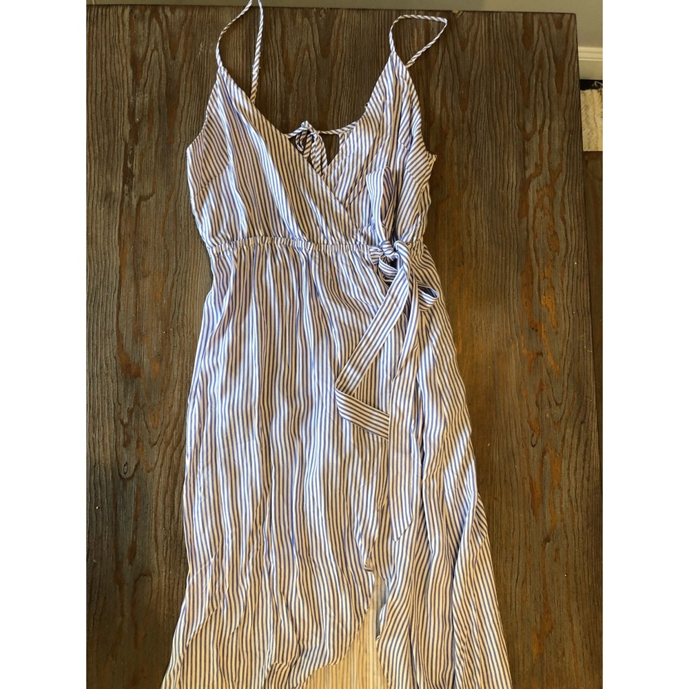 Blue and white striped high-low wrap-around dress